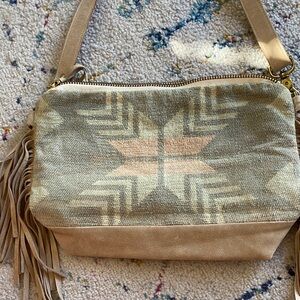 RAIS CASE Beige mint Aztec Patterned Fringe Shoulder Bag